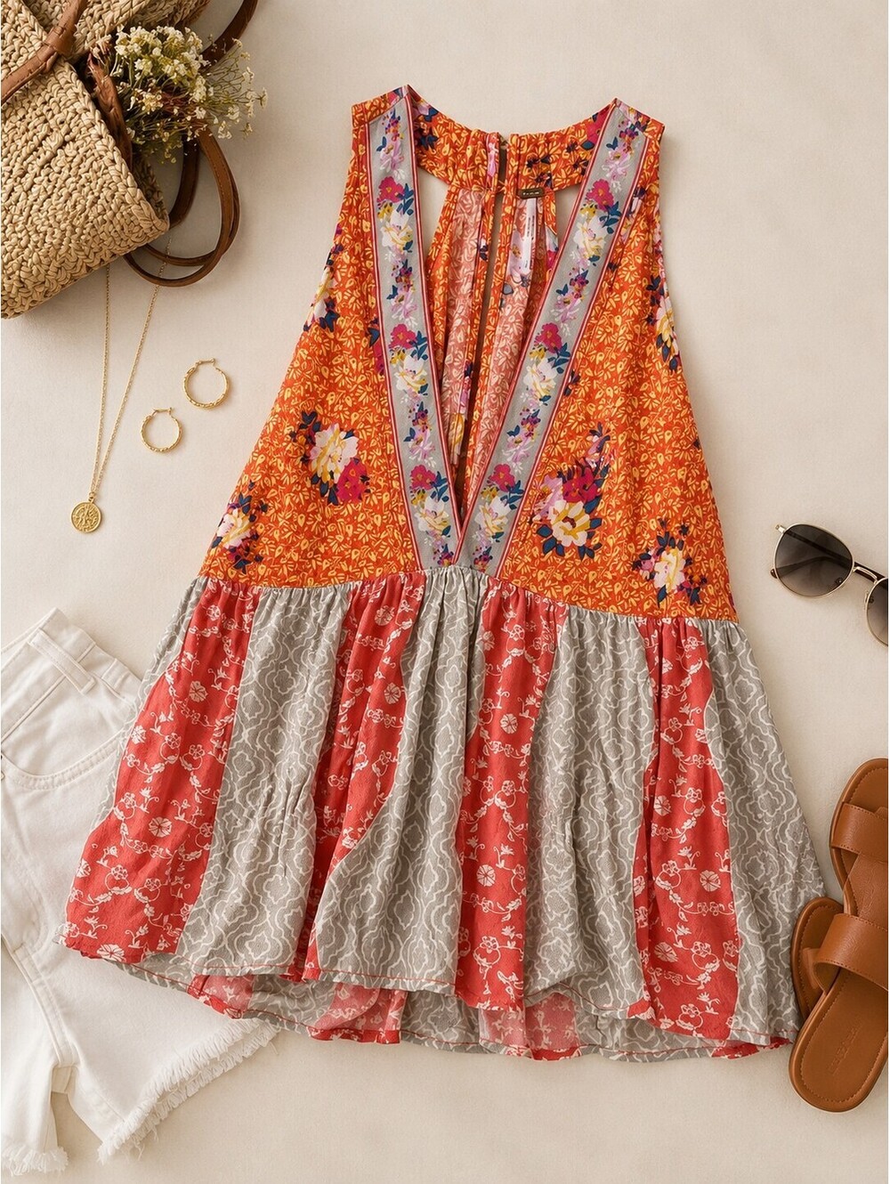 Free People Dream Darlin Floral Babydoll Boho Festival Tank Top Orange Large